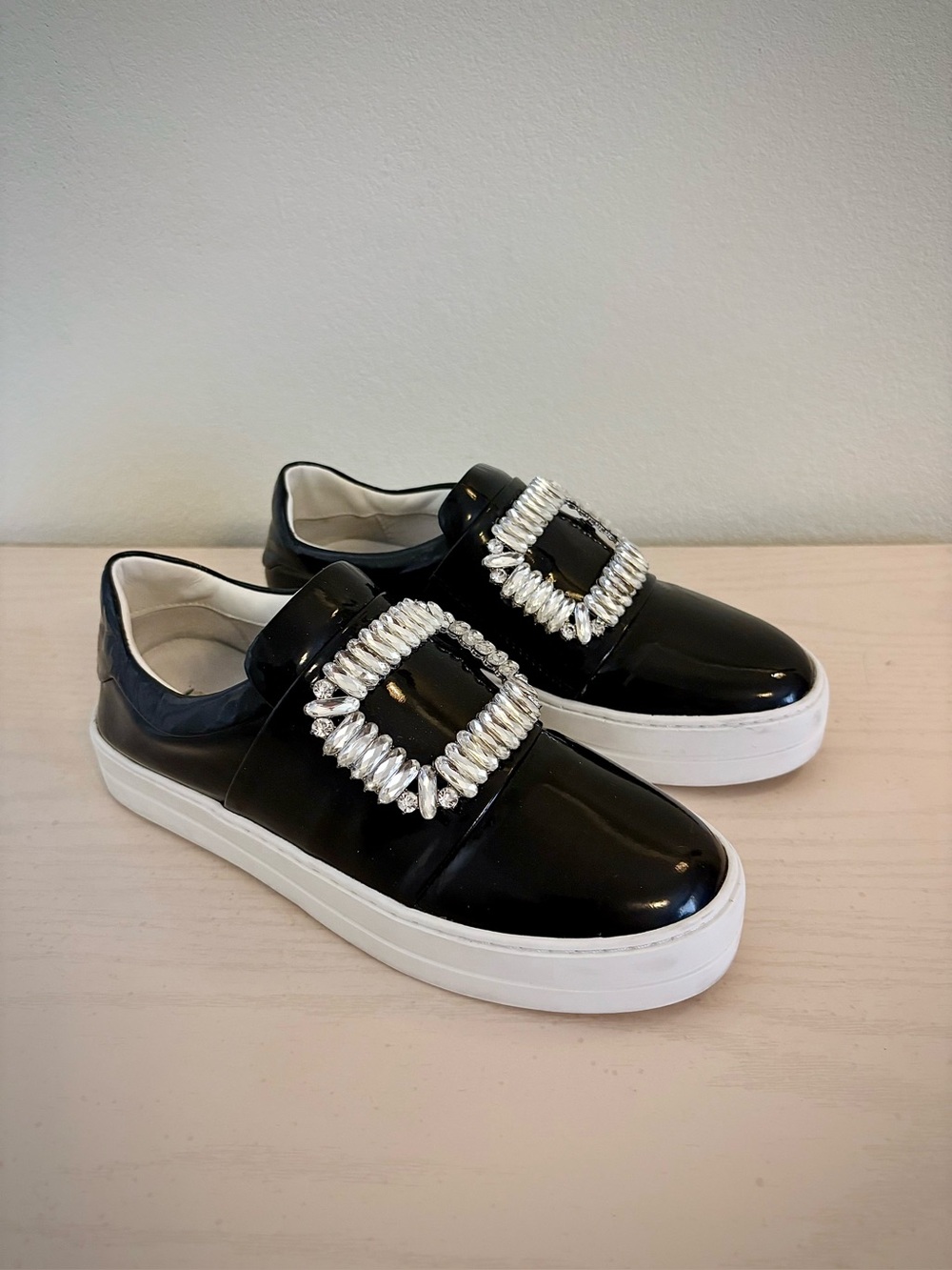 🇮🇹 Made in Italy Black Patent Leather Crystal Buckle Sneakers - 36 | US 5.5-6